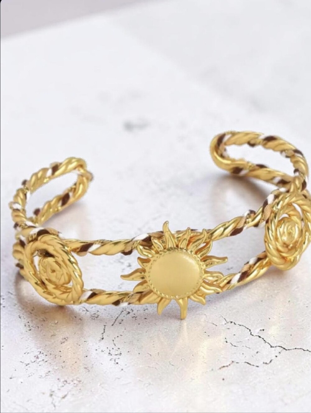 18k Gold Plated Twisted Rope Celestial Sun Cuff Bangle Bracelet